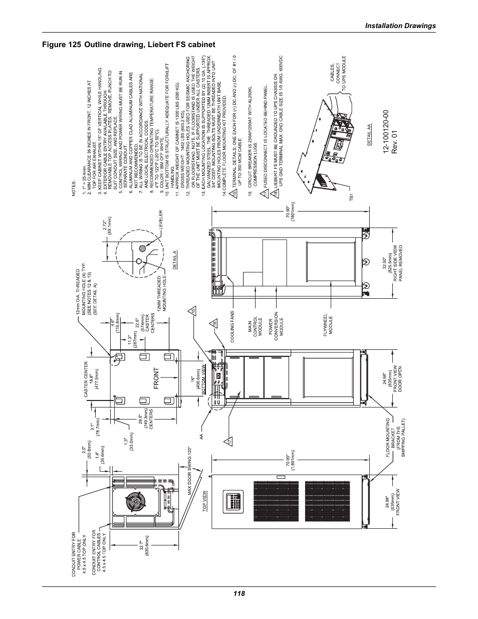 Figure 125 outline drawing, liebert fs cabinet | Emerson Series 600T User Manual | Page 130 / 168