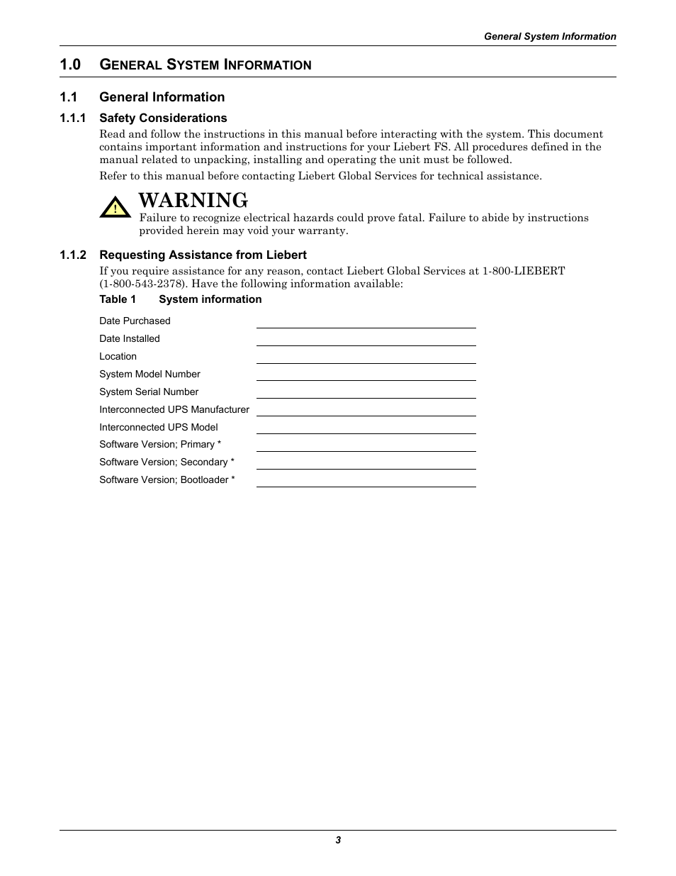 0 general system information, 1 general information, 1 safety considerations | 2 requesting assistance from liebert, Table 1 system information, Eneral, Ystem, Nformation, General information, Safety considerations | Emerson Series 600T User Manual | Page 15 / 168