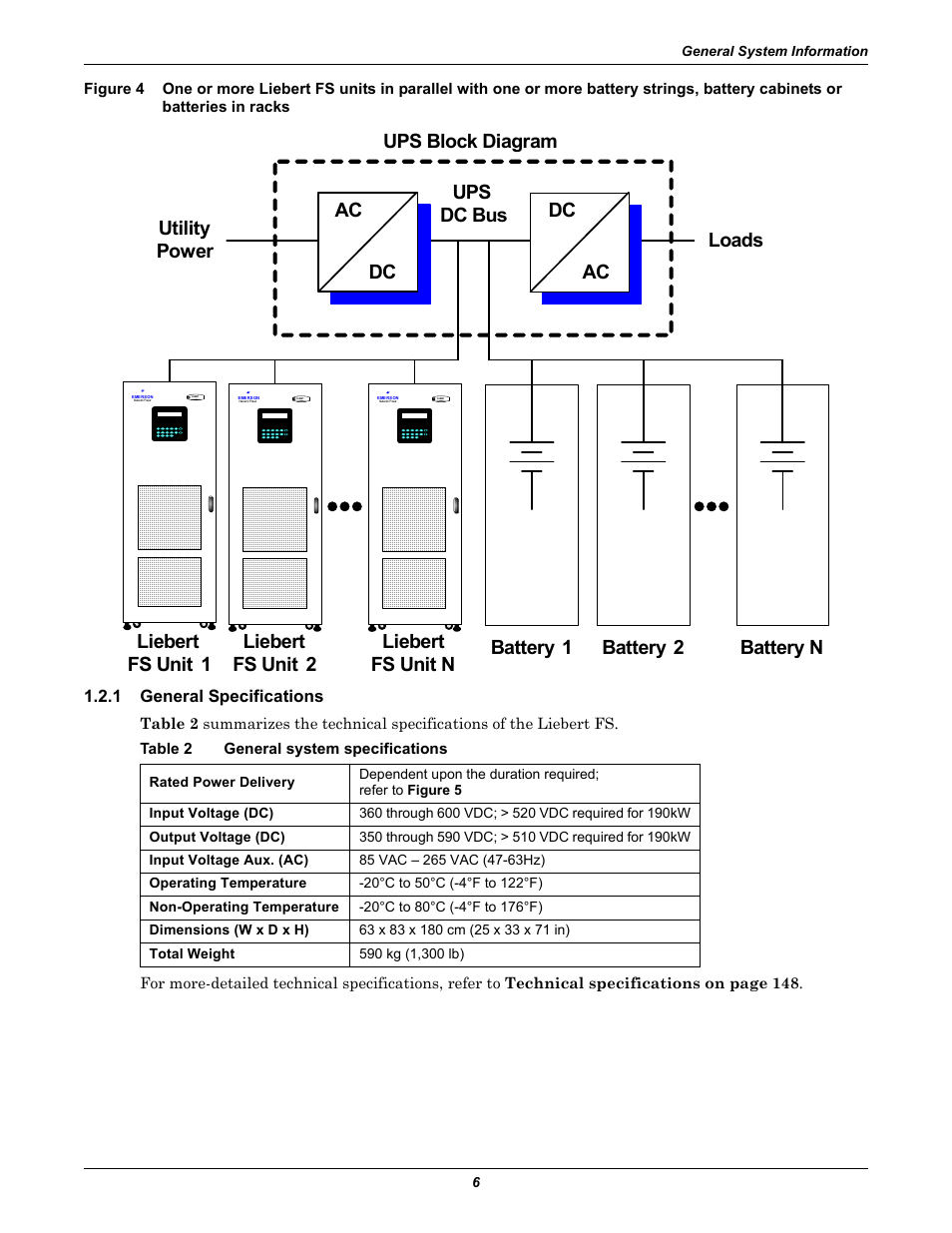 1 general specifications, Table 2 general system specifications, General specifications | Figure 4, Cabinets or batteries in racks, Table 2, General system specifications, Battery 2 battery n | Emerson Series 600T User Manual | Page 18 / 168