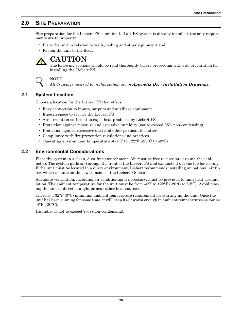 0 site preparation, 1 system location, 2 environmental considerations | Reparation, System location, Environmental considerations, Caution | Emerson Series 600T User Manual | Page 22 / 168