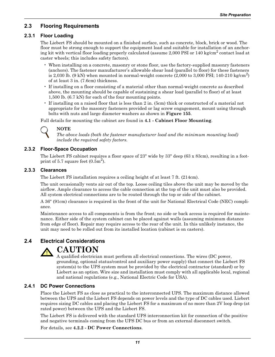3 flooring requirements, 1 floor loading, 2 floor-space occupation | 3 clearances, 4 electrical considerations, 1 dc power connections, Flooring requirements, Floor loading, Floor-space occupation, Clearances | Emerson Series 600T User Manual | Page 23 / 168