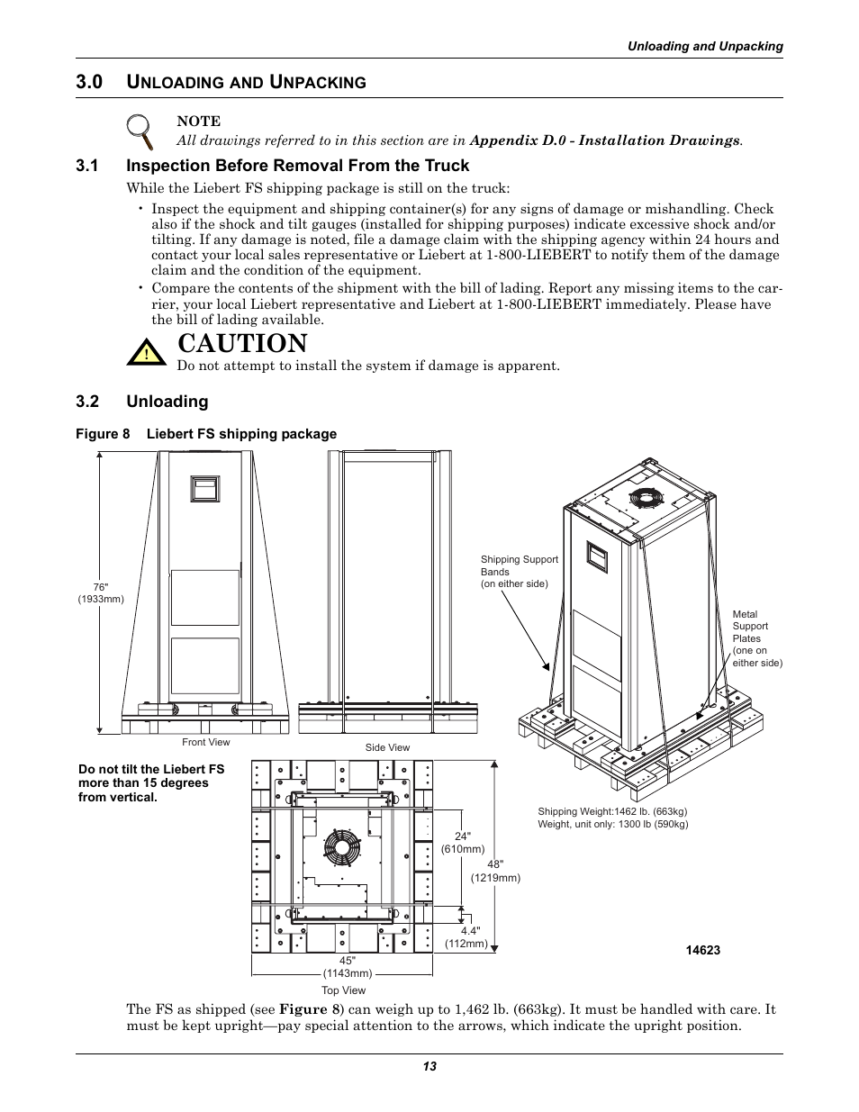 0 unloading and unpacking, 1 inspection before removal from the truck, 2 unloading | Figure 8 liebert fs shipping package, Nloading, Npacking, Inspection before removal from the truck, Unloading, Figure 8, Liebert fs shipping package | Emerson Series 600T User Manual | Page 25 / 168