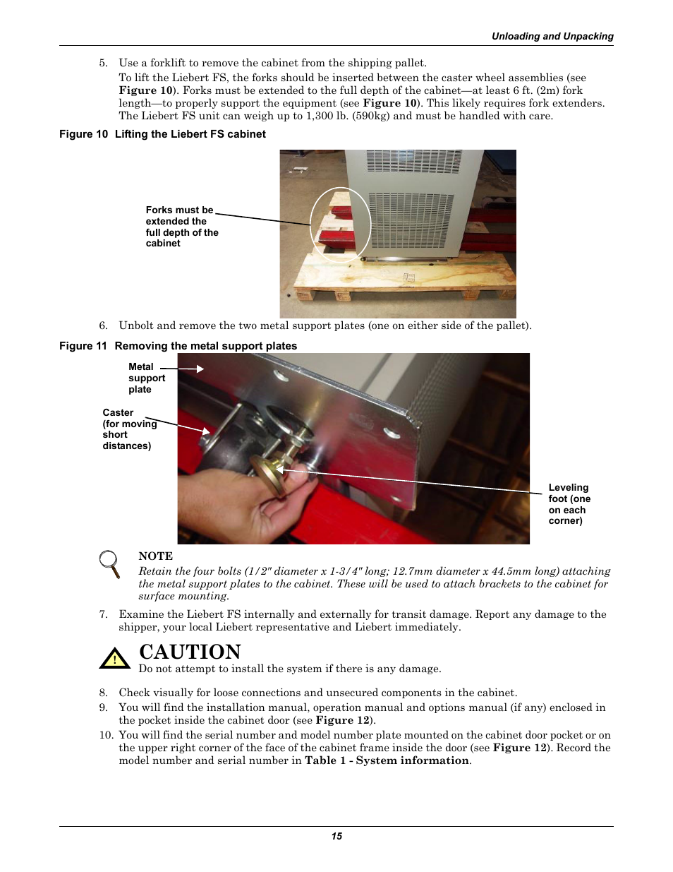 Figure 10 lifting the liebert fs cabinet, Figure 11 removing the metal support plates, Caution | Emerson Series 600T User Manual | Page 27 / 168