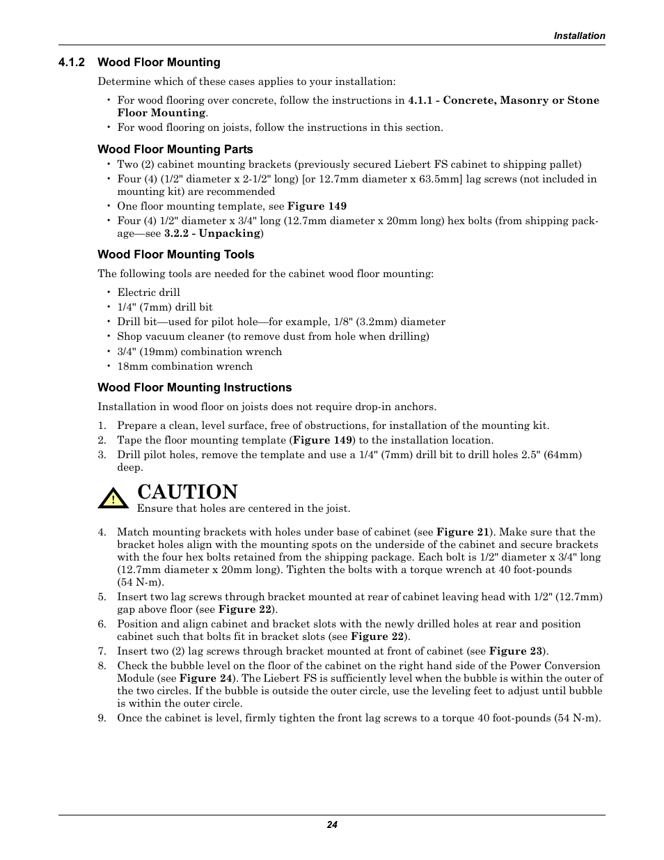 2 wood floor mounting, Wood floor mounting parts, Wood floor mounting tools | Wood floor mounting instructions, Wood floor mounting, 2 - wood floor mounting, Caution | Emerson Series 600T User Manual | Page 36 / 168