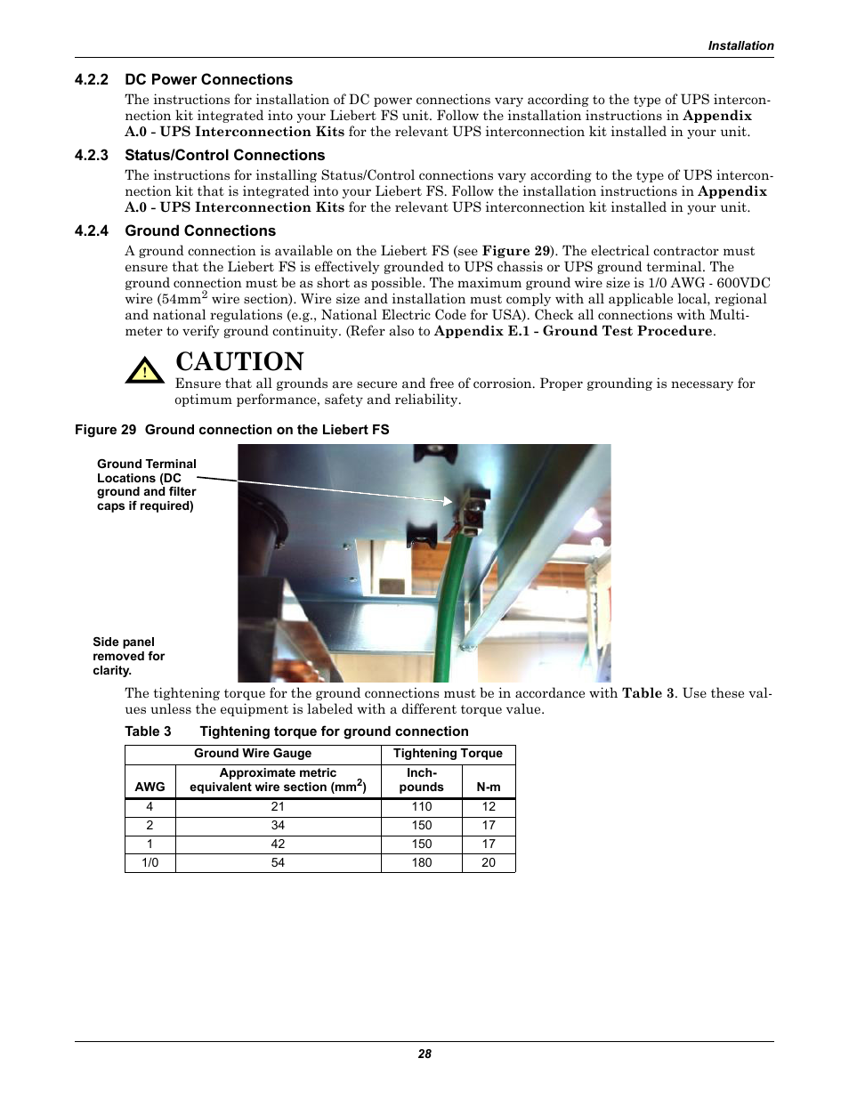 2 dc power connections, 3 status/control connections, 4 ground connections | Figure 29 ground connection on the liebert fs, Table 3 tightening torque for ground connection, Dc power connections, Status/control connections, Ground connections, Table 3, Tightening torque for ground connection | Emerson Series 600T User Manual | Page 40 / 168