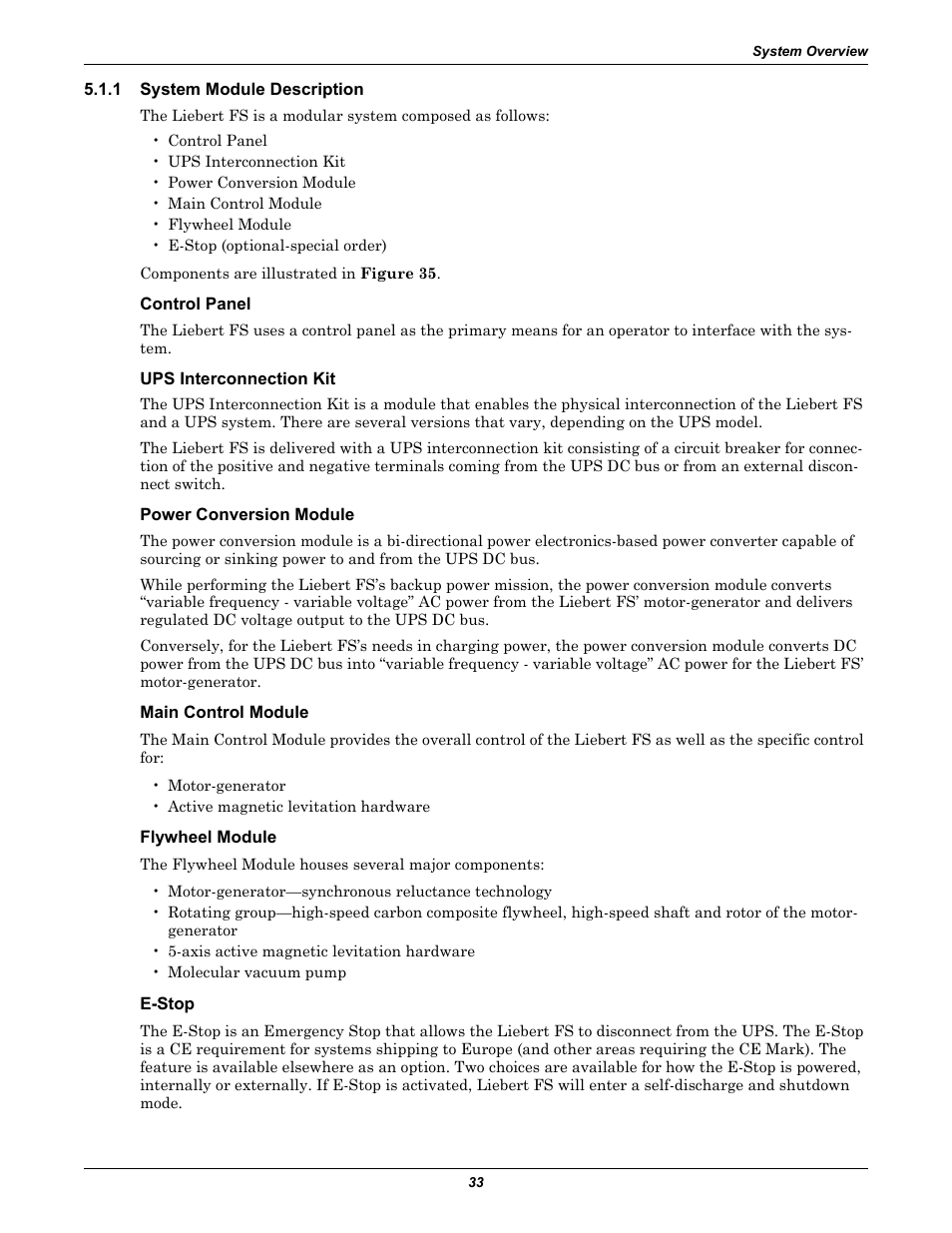 1 system module description, Control panel, Ups interconnection kit | Power conversion module, Main control module, Flywheel module, E-stop, System module description | Emerson Series 600T User Manual | Page 45 / 168