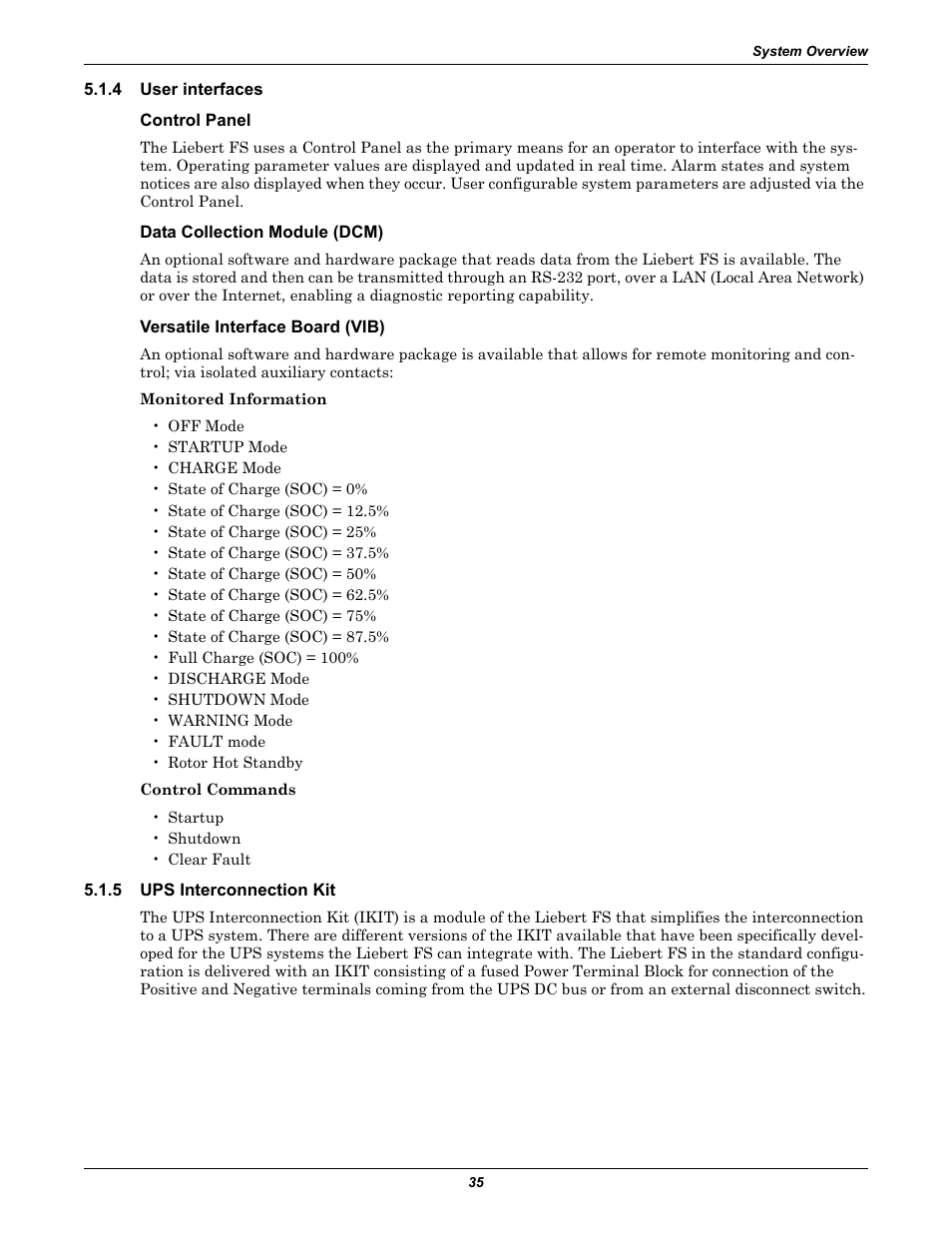 4 user interfaces, Control panel, Data collection module (dcm) | Versatile interface board (vib), 5 ups interconnection kit, User interfaces, Ups interconnection kit | Emerson Series 600T User Manual | Page 47 / 168
