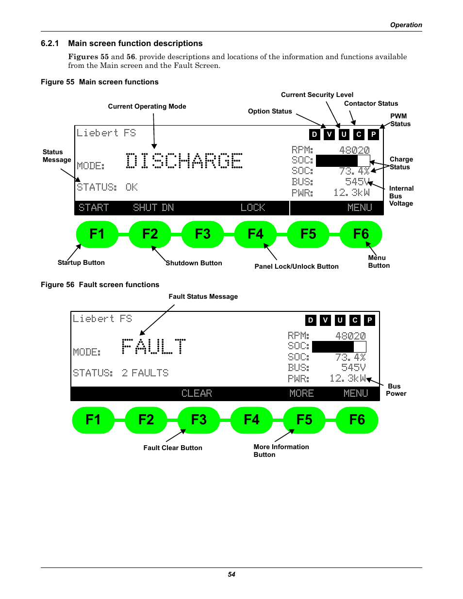 1 main screen function descriptions, Figure 55 main screen functions, Figure 56 fault screen functions | Main screen function descriptions, Discharge, Fault | Emerson Series 600T User Manual | Page 66 / 168