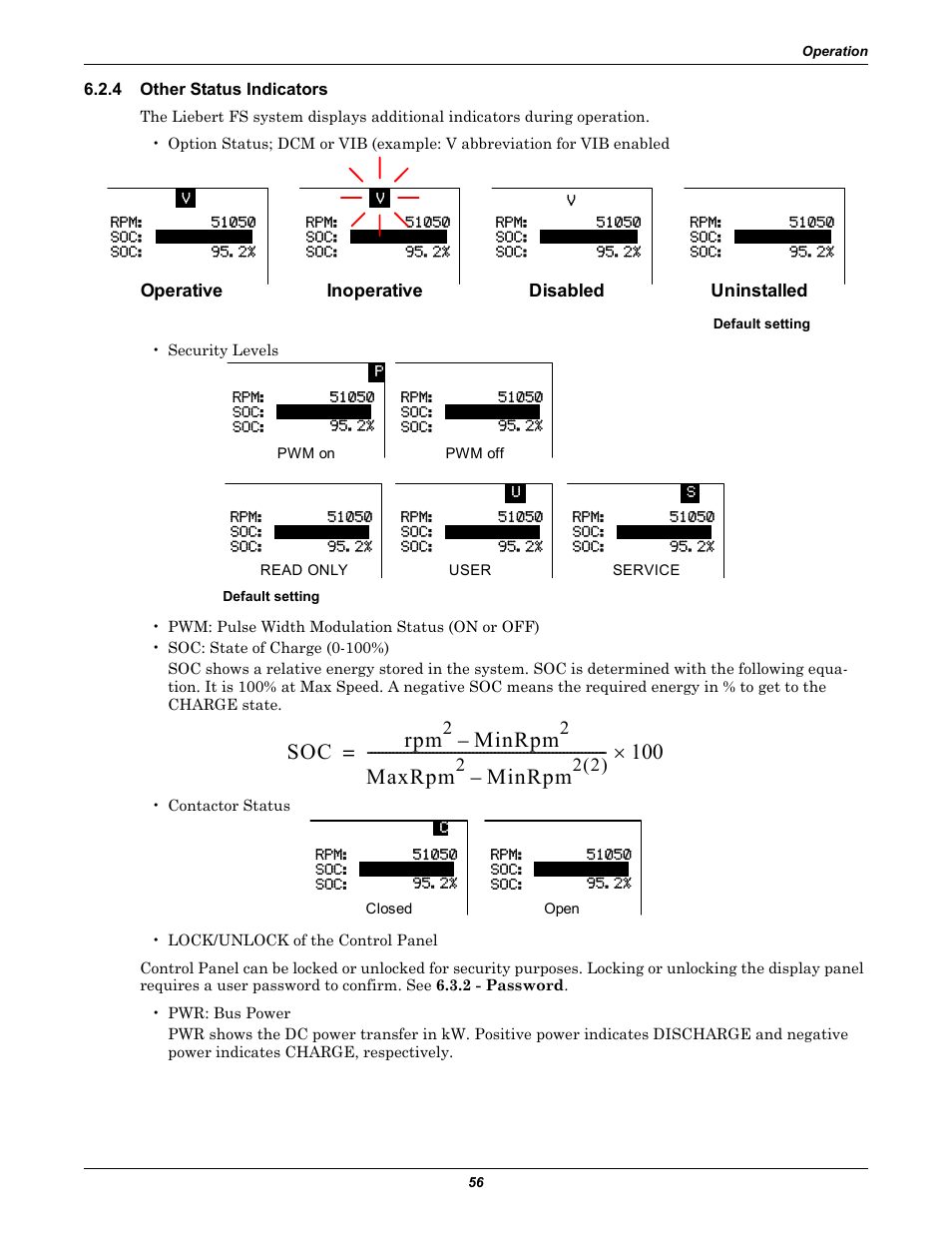 4 other status indicators, Other status indicators, Soc rpm | Minrpm, Maxrpm, Operative inoperative disabled uninstalled | Emerson Series 600T User Manual | Page 68 / 168