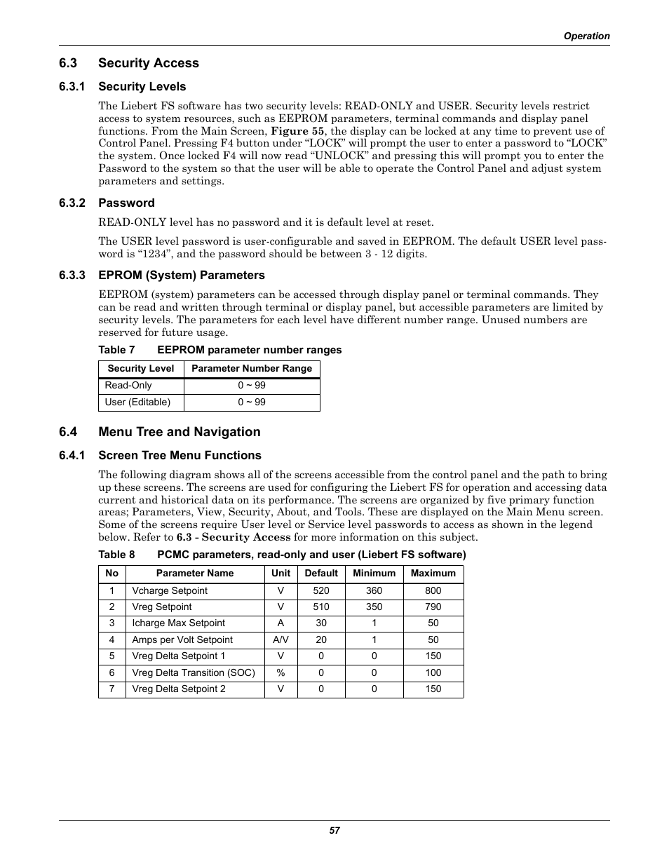 3 security access, 1 security levels, 2 password | 3 eprom (system) parameters, Table 7 eeprom parameter number ranges, 4 menu tree and navigation, 1 screen tree menu functions, Security access, Security levels, Password | Emerson Series 600T User Manual | Page 69 / 168
