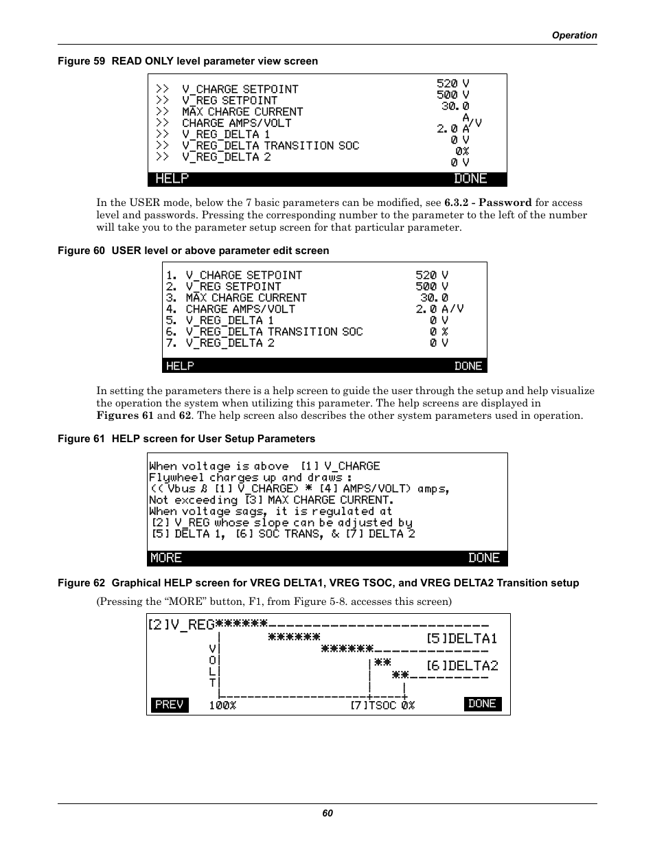 Figure 59 read only level parameter view screen, Figure 61 help screen for user setup parameters, Transition setup | Emerson Series 600T User Manual | Page 72 / 168