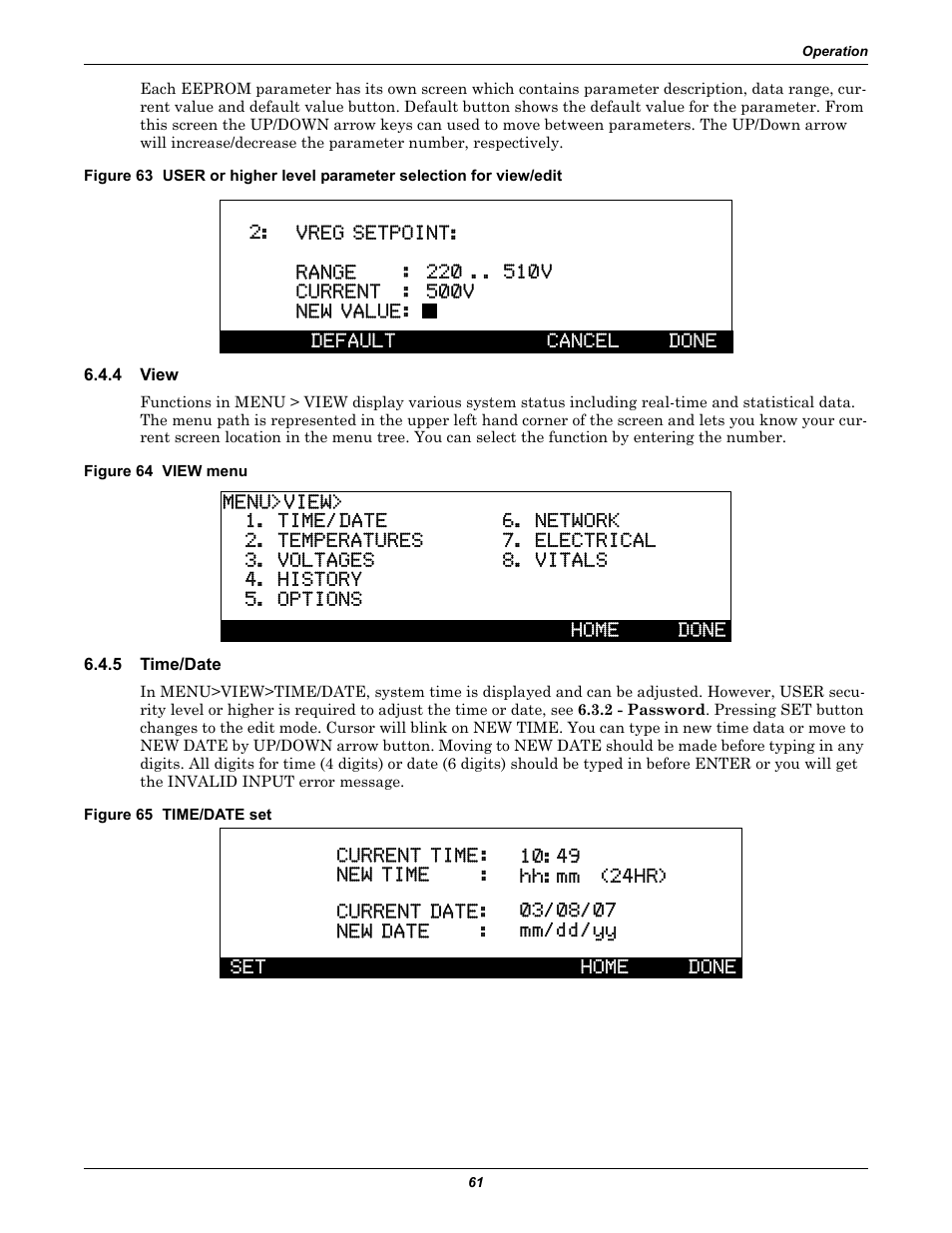 4 view, Figure 64 view menu, 5 time/date | Figure 65 time/date set, View, Time/date | Emerson Series 600T User Manual | Page 73 / 168