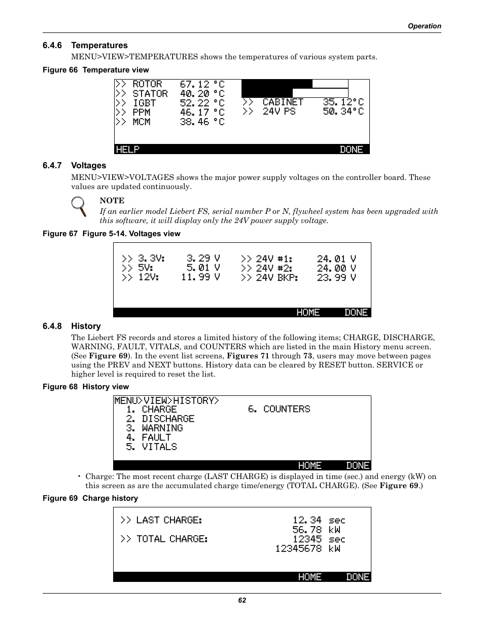 6 temperatures, Figure 66 temperature view, 7 voltages | Figure 67 figure 5-14. voltages view, 8 history, Figure 68 history view, Figure 69 charge history, Temperatures, Voltages, History | Emerson Series 600T User Manual | Page 74 / 168