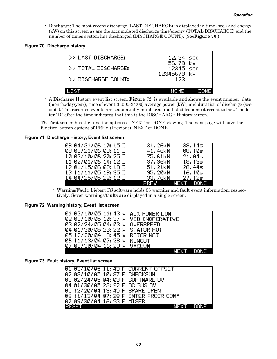 Figure 70 discharge history, Figure 71 discharge history, event list screen, Figure 72 warning history, event list screen | Figure 73 fault history, event list screen | Emerson Series 600T User Manual | Page 75 / 168