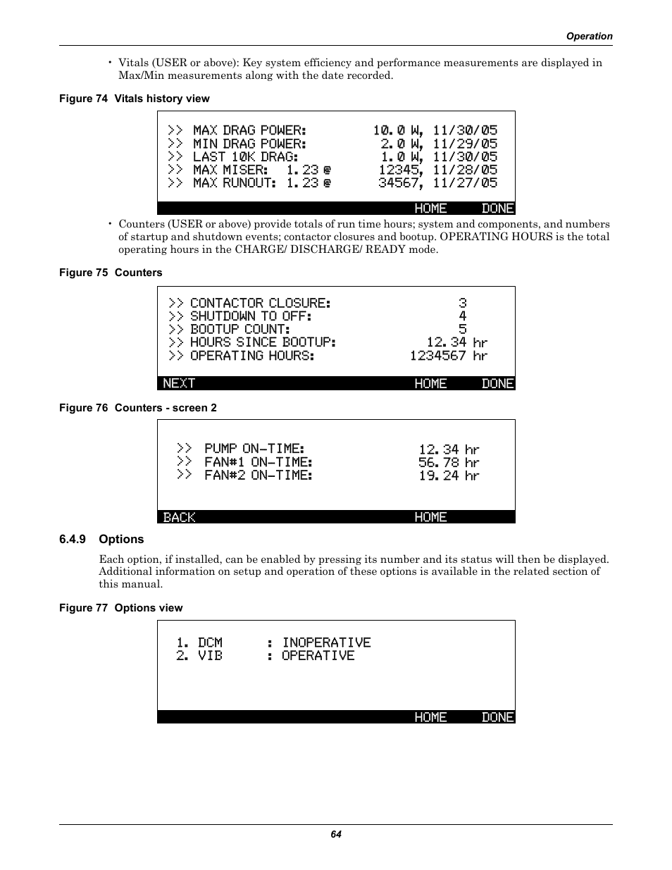 Figure 74 vitals history view, Figure 75 counters, Figure 76 counters - screen 2 | 9 options, Figure 77 options view, Options | Emerson Series 600T User Manual | Page 76 / 168