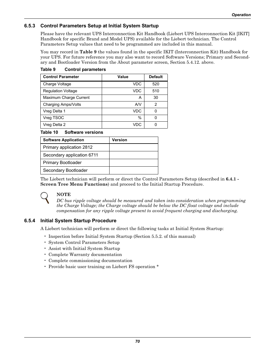 Table 9 control parameters, Table 10 software versions, 4 initial system startup procedure | Control parameters setup at initial system startup, Initial system startup procedure, Table 9, Control parameters, Table 10, Software versions | Emerson Series 600T User Manual | Page 82 / 168