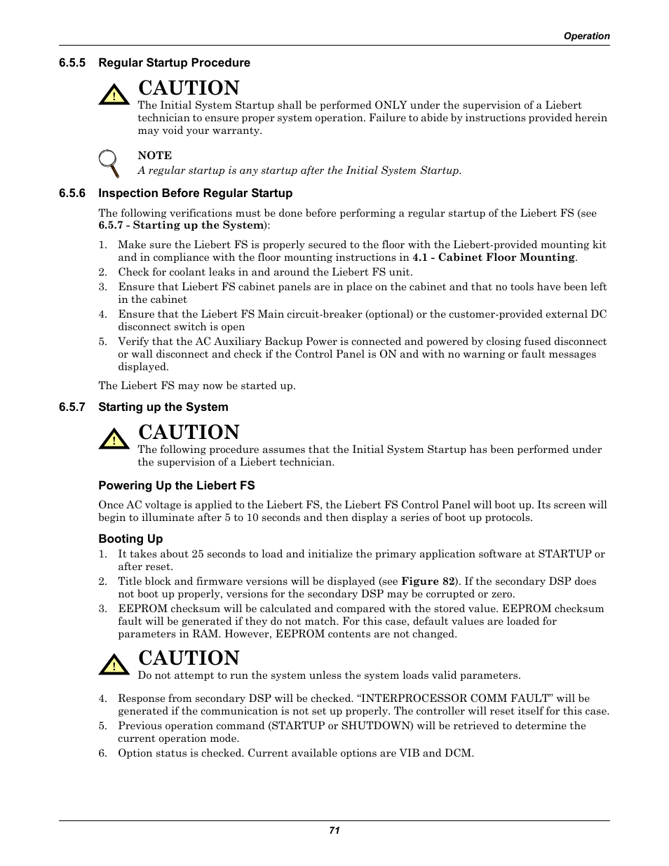 5 regular startup procedure, 6 inspection before regular startup, 7 starting up the system | Powering up the liebert fs, Booting up, Regular startup procedure, Inspection before regular startup, Starting up the system, Caution | Emerson Series 600T User Manual | Page 83 / 168