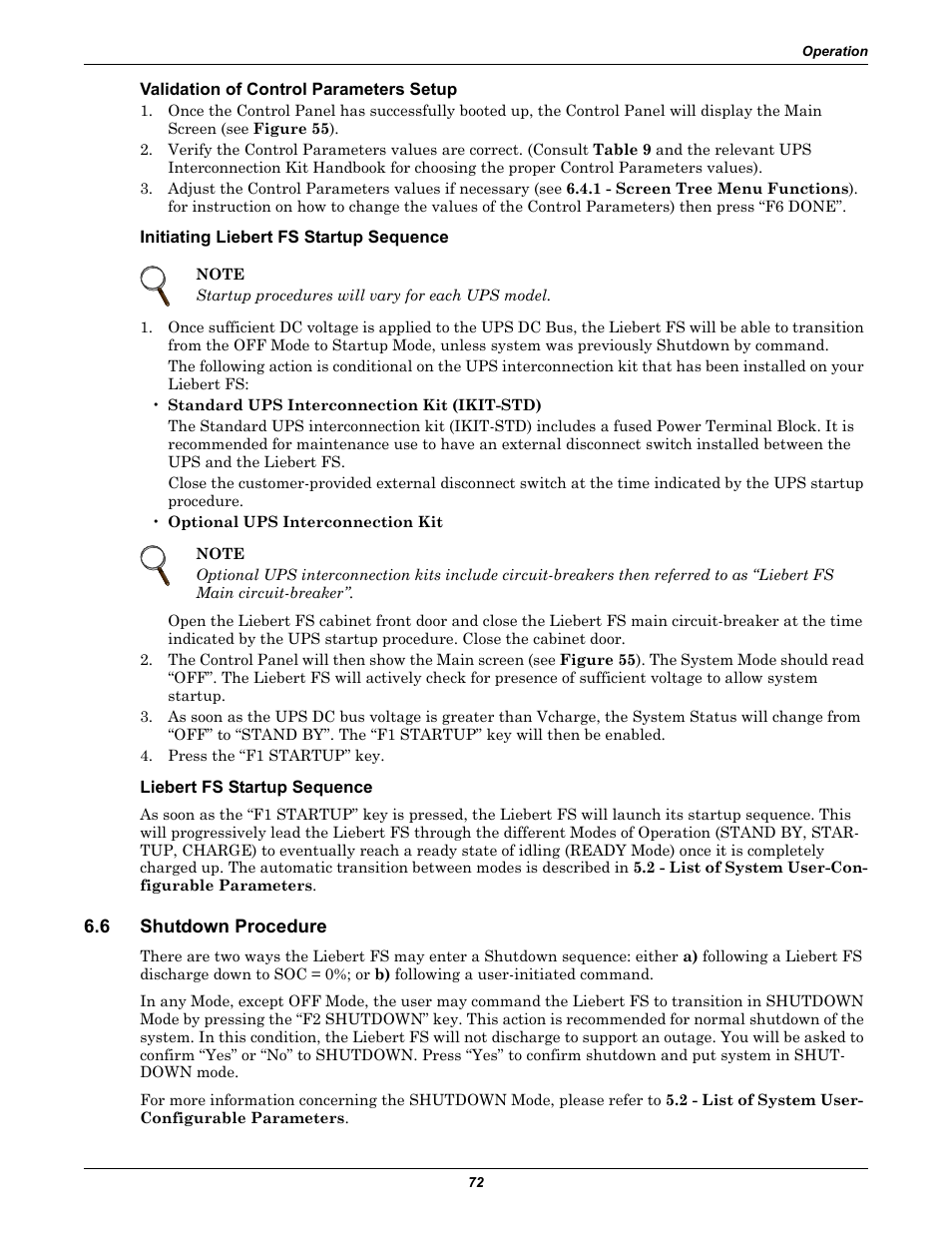 Validation of control parameters setup, Initiating liebert fs startup sequence, Liebert fs startup sequence | 6 shutdown procedure, Shutdown procedure | Emerson Series 600T User Manual | Page 84 / 168