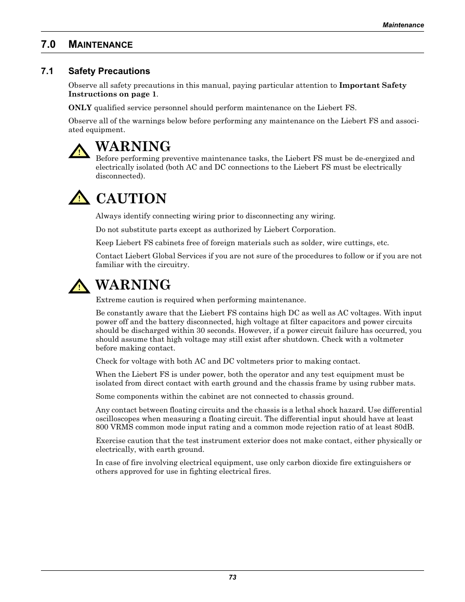 0 maintenance, 1 safety precautions, Aintenance | Safety precautions, Warning, Caution | Emerson Series 600T User Manual | Page 85 / 168