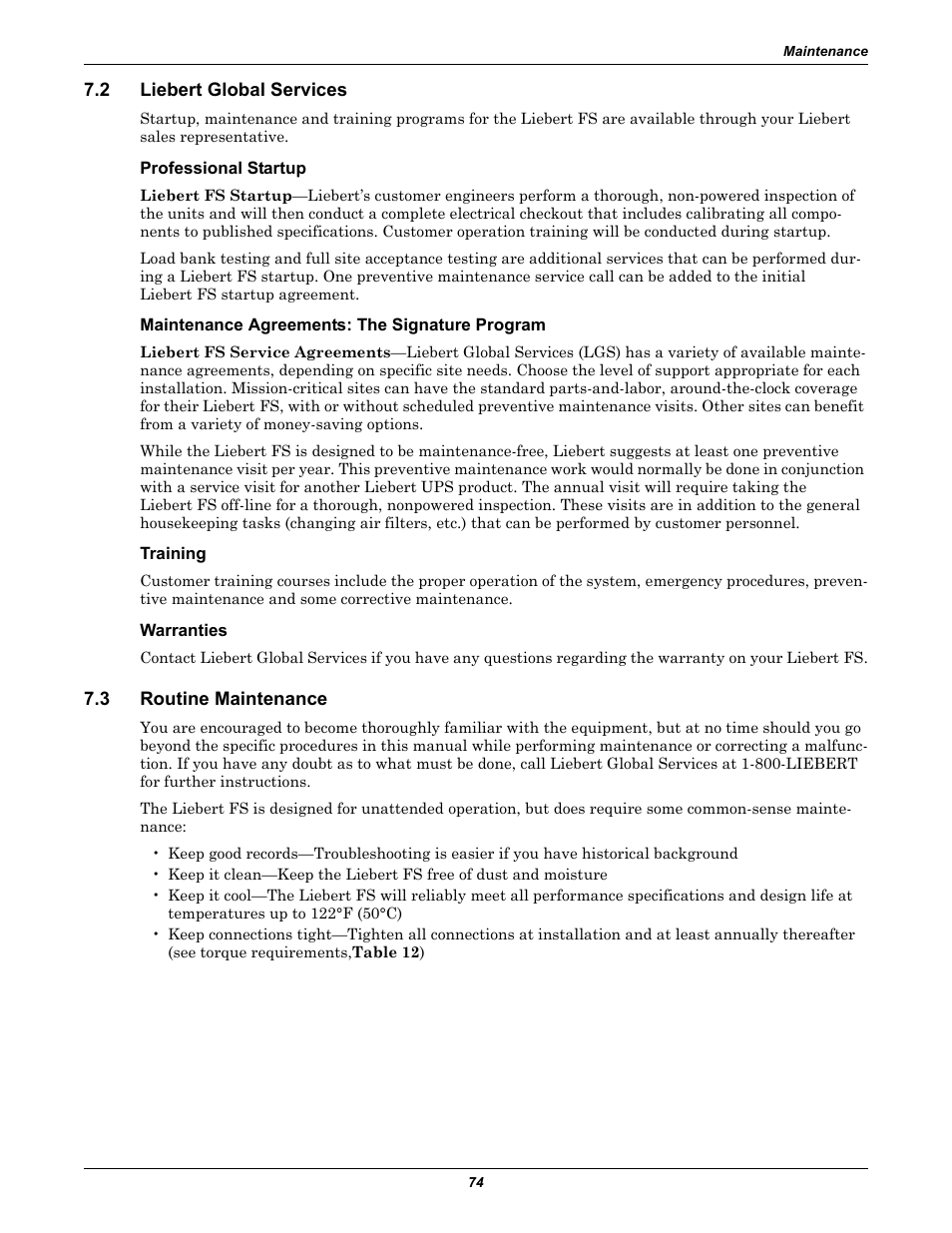 2 liebert global services, Professional startup, Maintenance agreements: the signature program | Training, Warranties, 3 routine maintenance, Liebert global services, Routine maintenance | Emerson Series 600T User Manual | Page 86 / 168