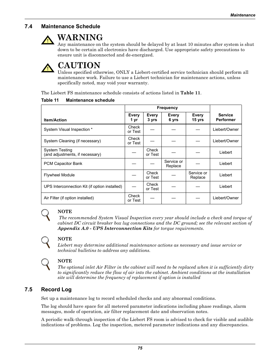 4 maintenance schedule, Table 11 maintenance schedule, 5 record log | Maintenance schedule, Record log, Table 11, Warning, Caution | Emerson Series 600T User Manual | Page 87 / 168