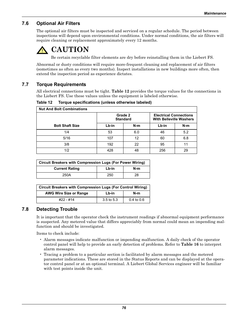 6 optional air filters, 7 torque requirements, 8 detecting trouble | Optional air filters, Torque requirements, Detecting trouble, Table 12, Torque specifications (unless otherwise labeled), Caution | Emerson Series 600T User Manual | Page 88 / 168