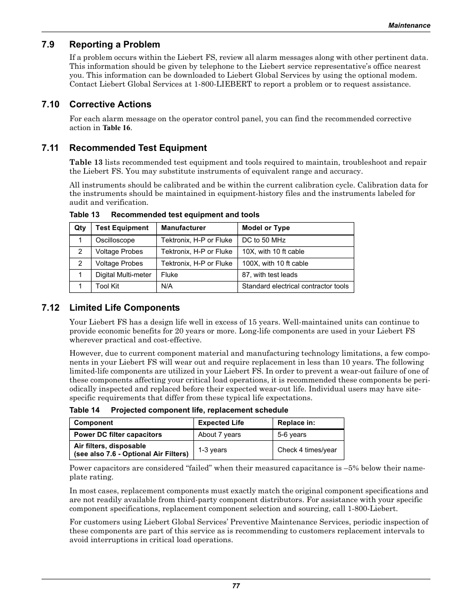 9 reporting a problem, 10 corrective actions, 11 recommended test equipment | Table 13 recommended test equipment and tools, 12 limited life components, Reporting a problem, Corrective actions, Recommended test equipment, Limited life components, Table 13 | Emerson Series 600T User Manual | Page 89 / 168