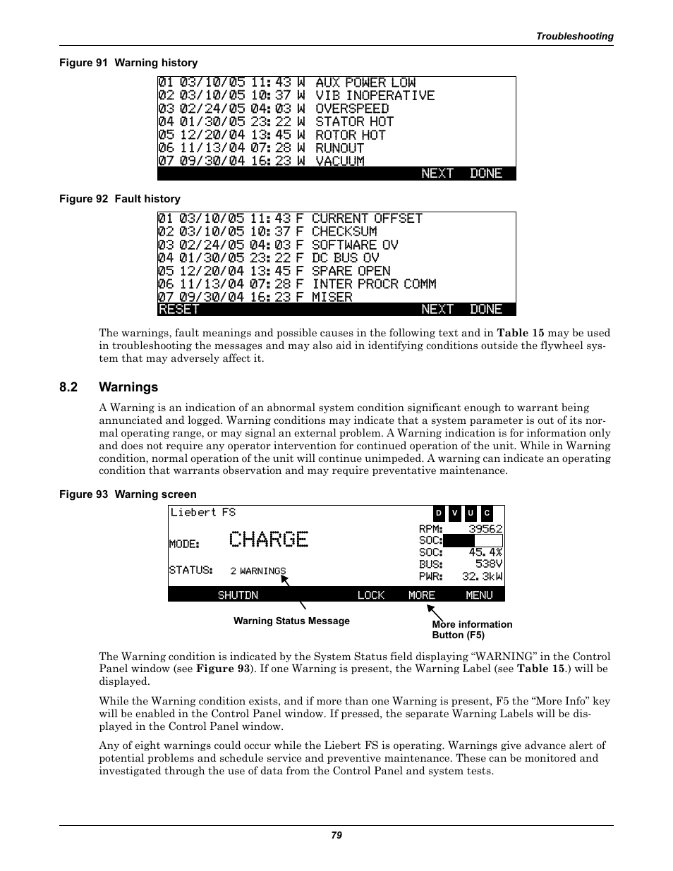 Figure 91 warning history, Figure 92 fault history, 2 warnings | Figure 93 warning screen, Warnings, Charge | Emerson Series 600T User Manual | Page 91 / 168