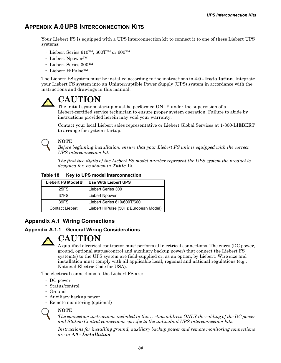 Appendix a.0 ups interconnection kits, Table 18 key to ups model interconnection, Appendix a.1 wiring connections | Appendix a.1.1 general wiring considerations, Ppendix, Ups i, Nterconnection, Appendix a.1, Wiring connections, Appendix a.1.1 | Emerson Series 600T User Manual | Page 96 / 168