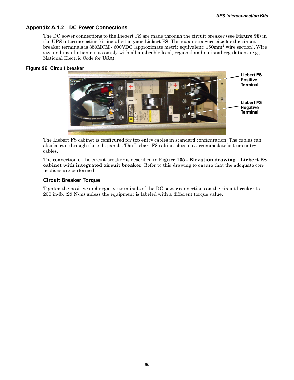 Appendix a.1.2 dc power connections, Figure 96 circuit breaker, Circuit breaker torque | Appendix a.1.2, Dc power connections | Emerson Series 600T User Manual | Page 98 / 168