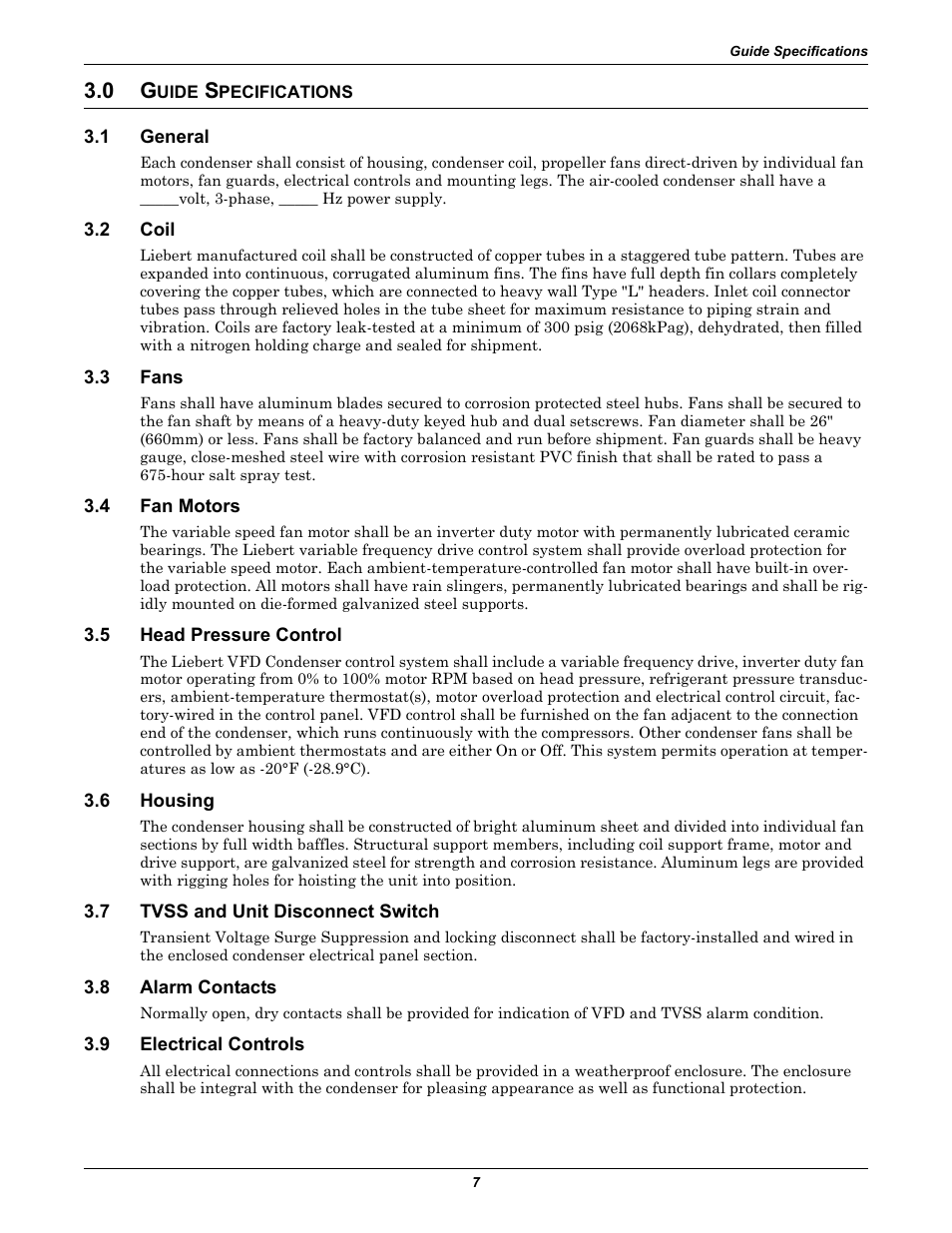 0 guide specifications, 1 general, 2 coil | 3 fans, 4 fan motors, 5 head pressure control, 6 housing, 7 tvss and unit disconnect switch, 8 alarm contacts, 9 electrical controls | Emerson TCDVTM User Manual | Page 11 / 12