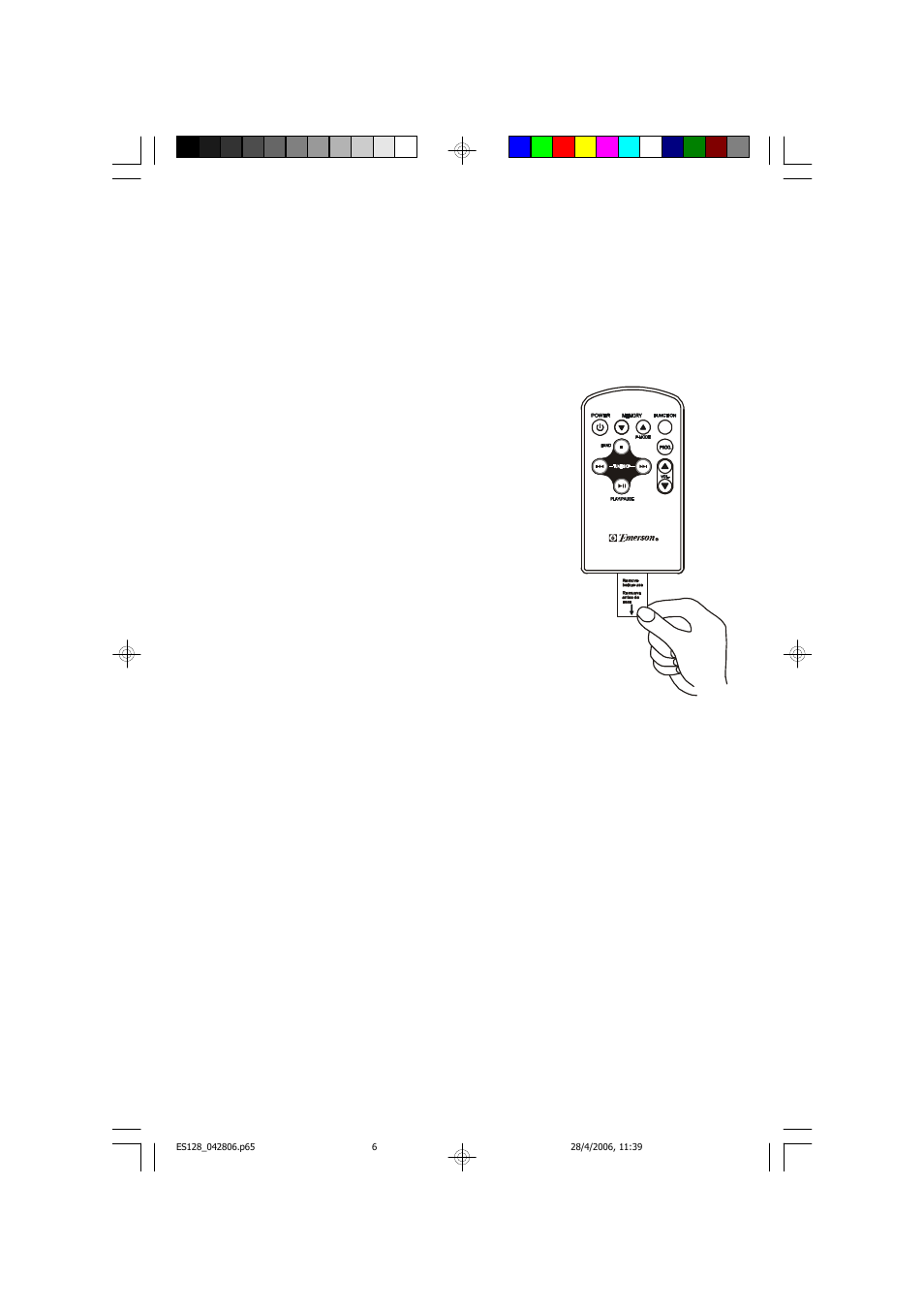 Remote control battery, Remote control operation | Emerson Radio ES128 User Manual | Page 7 / 30
