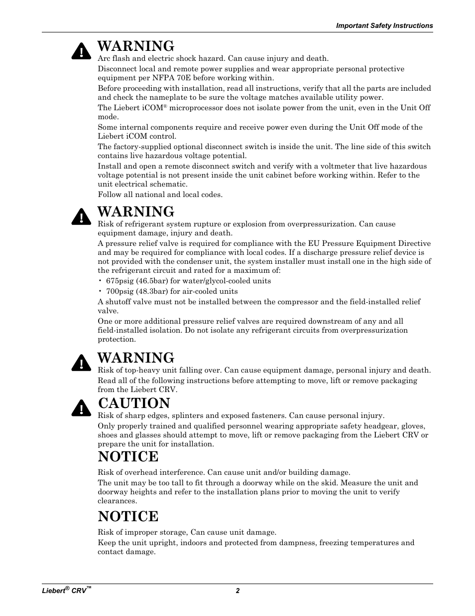 Notice, Warning, Caution | Emerson Liebert CRV 1 2 3 4 5 6 7 8 9 10 11 12 13 14 15 16 17 18 19 20 21 22 23 24 25 C R 0 2 0 R A 1 C 7 S D 1 8 1 1 E L 1 0 P A User Manual | Page 10 / 140