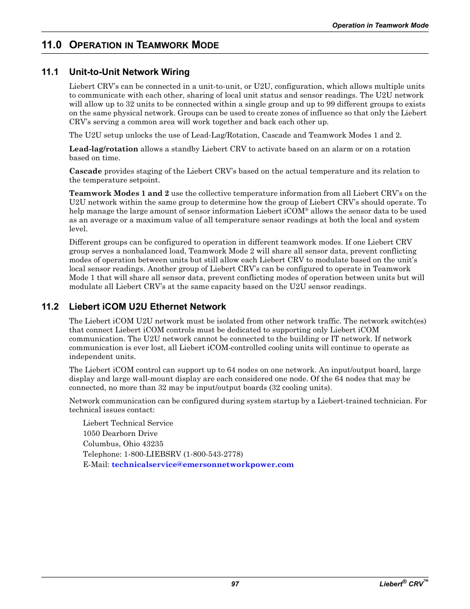 0 operation in teamwork mode, 1 unit-to-unit network wiring, 2 liebert icom u2u ethernet network | Peration, Eamwork, Unit-to-unit network wiring, Liebert icom u2u ethernet network | Emerson Liebert CRV 1 2 3 4 5 6 7 8 9 10 11 12 13 14 15 16 17 18 19 20 21 22 23 24 25 C R 0 2 0 R A 1 C 7 S D 1 8 1 1 E L 1 0 P A User Manual | Page 105 / 140
