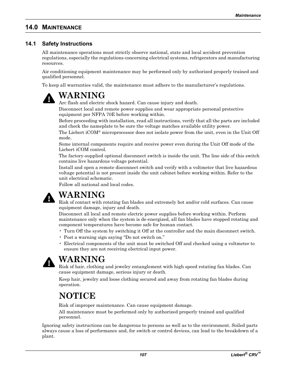 0 maintenance, 1 safety instructions, Aintenance | Safety instructions, Notice, Warning | Emerson Liebert CRV 1 2 3 4 5 6 7 8 9 10 11 12 13 14 15 16 17 18 19 20 21 22 23 24 25 C R 0 2 0 R A 1 C 7 S D 1 8 1 1 E L 1 0 P A User Manual | Page 115 / 140