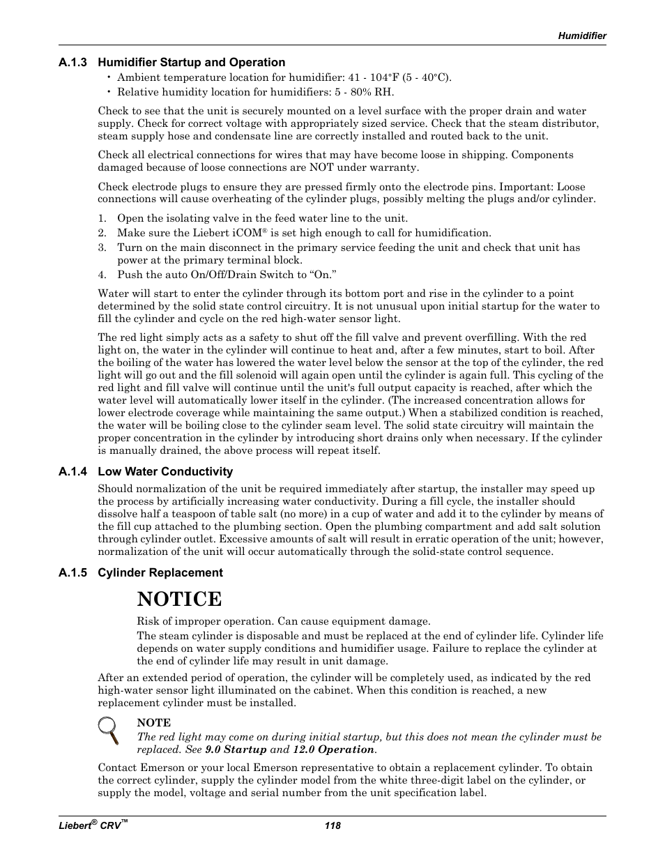 A.1.3 humidifier startup and operation, A.1.4 low water conductivity, A.1.5 cylinder replacement | A.1.3, A.1.4, Low water conductivitylow water conductivity, A.1.5, Cylinder replacementcylinder replacement, Notice | Emerson Liebert CRV 1 2 3 4 5 6 7 8 9 10 11 12 13 14 15 16 17 18 19 20 21 22 23 24 25 C R 0 2 0 R A 1 C 7 S D 1 8 1 1 E L 1 0 P A User Manual | Page 126 / 140