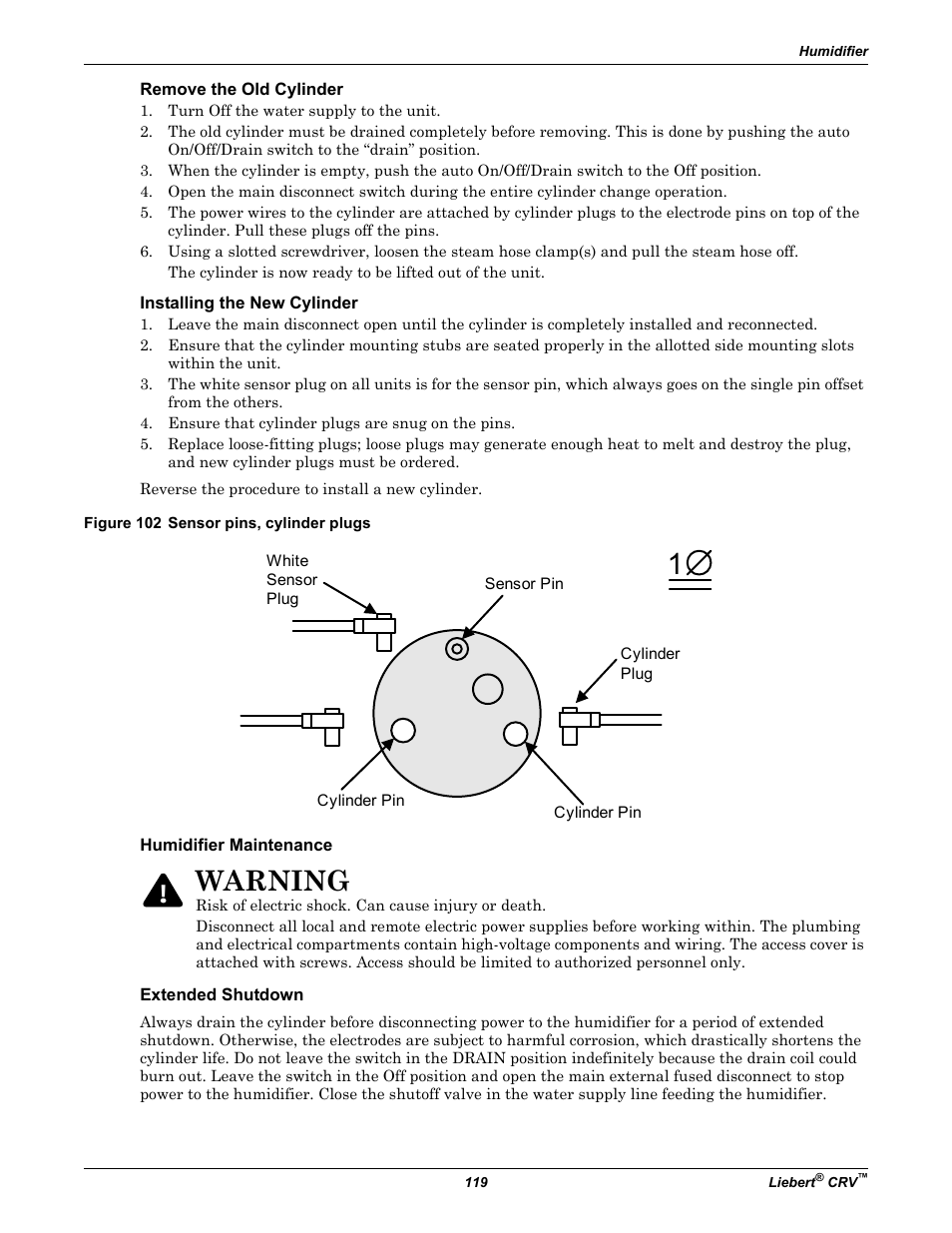 Remove the old cylinder, Installing the new cylinder, Figure 102 sensor pins, cylinder plugs | Humidifier maintenance, Extended shutdown, Warning | Emerson Liebert CRV 1 2 3 4 5 6 7 8 9 10 11 12 13 14 15 16 17 18 19 20 21 22 23 24 25 C R 0 2 0 R A 1 C 7 S D 1 8 1 1 E L 1 0 P A User Manual | Page 127 / 140