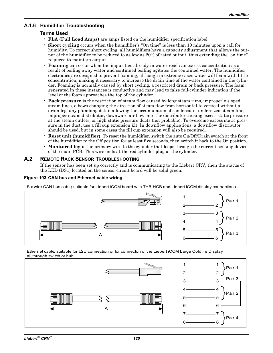 A.1.6 humidifier troubleshooting, Terms used, A.2 remote rack sensor troubleshooting | Figure 103 can bus and ethernet cable wiring, A.1.6, Remote rack sensor troubleshooting, A.2 r | Emerson Liebert CRV 1 2 3 4 5 6 7 8 9 10 11 12 13 14 15 16 17 18 19 20 21 22 23 24 25 C R 0 2 0 R A 1 C 7 S D 1 8 1 1 E L 1 0 P A User Manual | Page 128 / 140