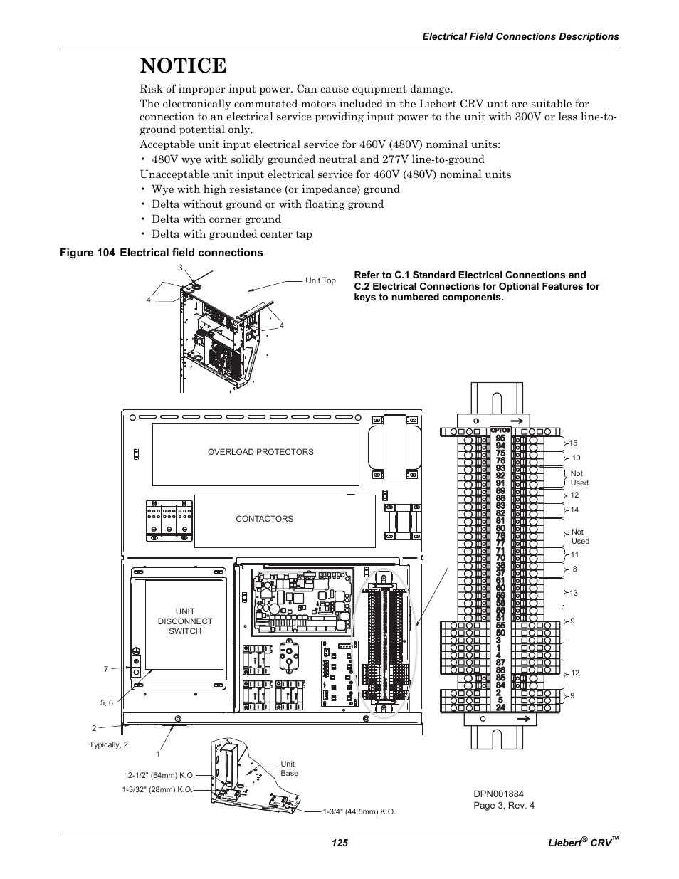 Figure 104 electrical field connections, Notice | Emerson Liebert CRV 1 2 3 4 5 6 7 8 9 10 11 12 13 14 15 16 17 18 19 20 21 22 23 24 25 C R 0 2 0 R A 1 C 7 S D 1 8 1 1 E L 1 0 P A User Manual | Page 133 / 140