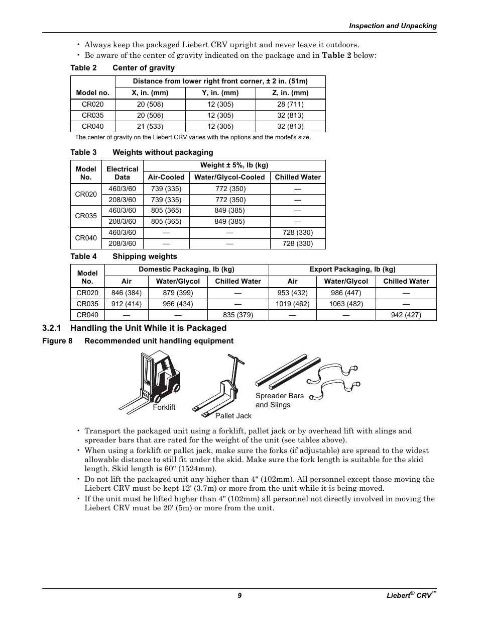 Table 2 center of gravity, Table 3 weights without packaging, Table 4 shipping weights | 1 handling the unit while it is packaged, Figure 8 recommended unit handling equipment, Handling the unit while it is packaged, Figure 8, Recommended unit handling equipment, Table 2, Center of gravity | Emerson Liebert CRV 1 2 3 4 5 6 7 8 9 10 11 12 13 14 15 16 17 18 19 20 21 22 23 24 25 C R 0 2 0 R A 1 C 7 S D 1 8 1 1 E L 1 0 P A User Manual | Page 17 / 140