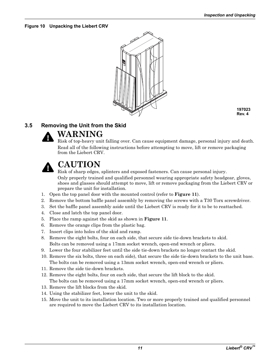 Figure 10 unpacking the liebert crv, 5 removing the unit from the skid, Removing the unit from the skid | Warning, Caution | Emerson Liebert CRV 1 2 3 4 5 6 7 8 9 10 11 12 13 14 15 16 17 18 19 20 21 22 23 24 25 C R 0 2 0 R A 1 C 7 S D 1 8 1 1 E L 1 0 P A User Manual | Page 19 / 140