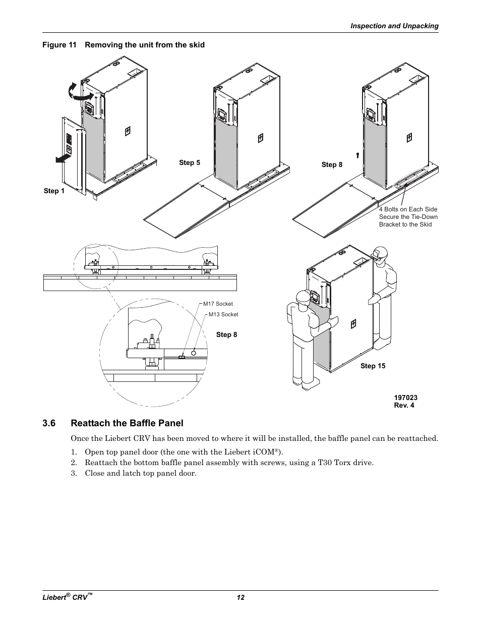 Figure 11 removing the unit from the skid, 6 reattach the baffle panel, Reattach the baffle panel | Emerson Liebert CRV 1 2 3 4 5 6 7 8 9 10 11 12 13 14 15 16 17 18 19 20 21 22 23 24 25 C R 0 2 0 R A 1 C 7 S D 1 8 1 1 E L 1 0 P A User Manual | Page 20 / 140