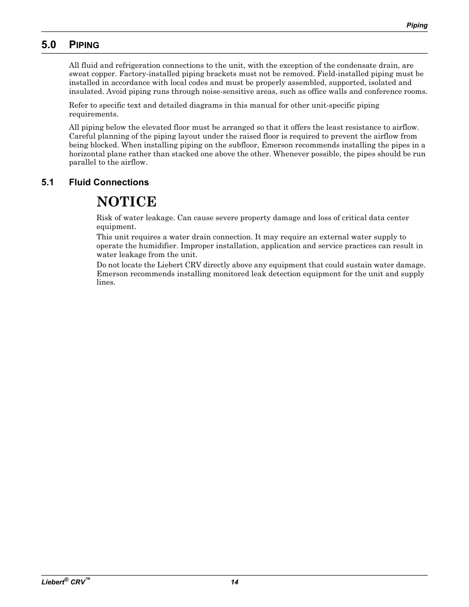 0 piping, 1 fluid connections, Iping | Fluid connections, Notice | Emerson Liebert CRV 1 2 3 4 5 6 7 8 9 10 11 12 13 14 15 16 17 18 19 20 21 22 23 24 25 C R 0 2 0 R A 1 C 7 S D 1 8 1 1 E L 1 0 P A User Manual | Page 22 / 140