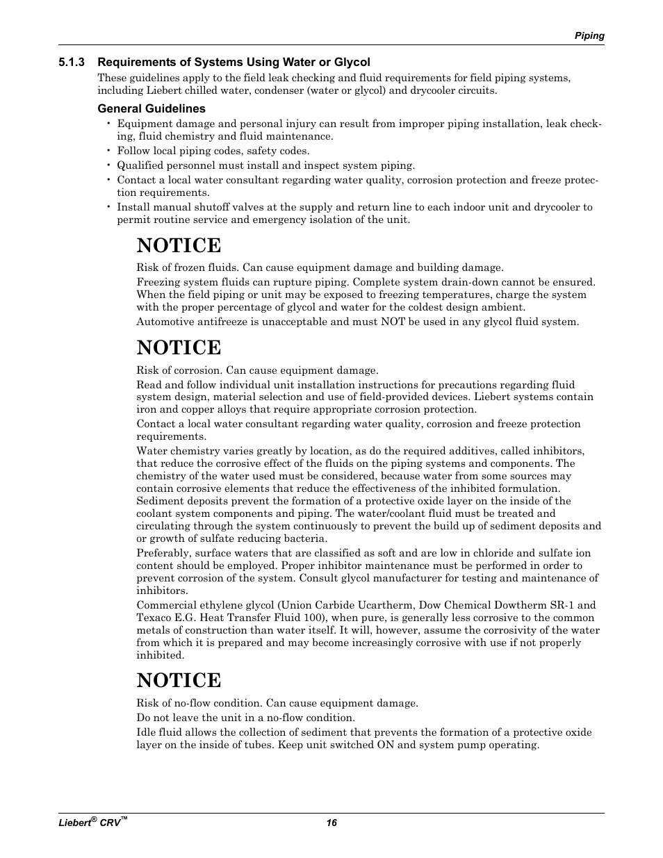 3 requirements of systems using water or glycol, General guidelines, Requirements of systems using water or glycol | Notice | Emerson Liebert CRV 1 2 3 4 5 6 7 8 9 10 11 12 13 14 15 16 17 18 19 20 21 22 23 24 25 C R 0 2 0 R A 1 C 7 S D 1 8 1 1 E L 1 0 P A User Manual | Page 24 / 140