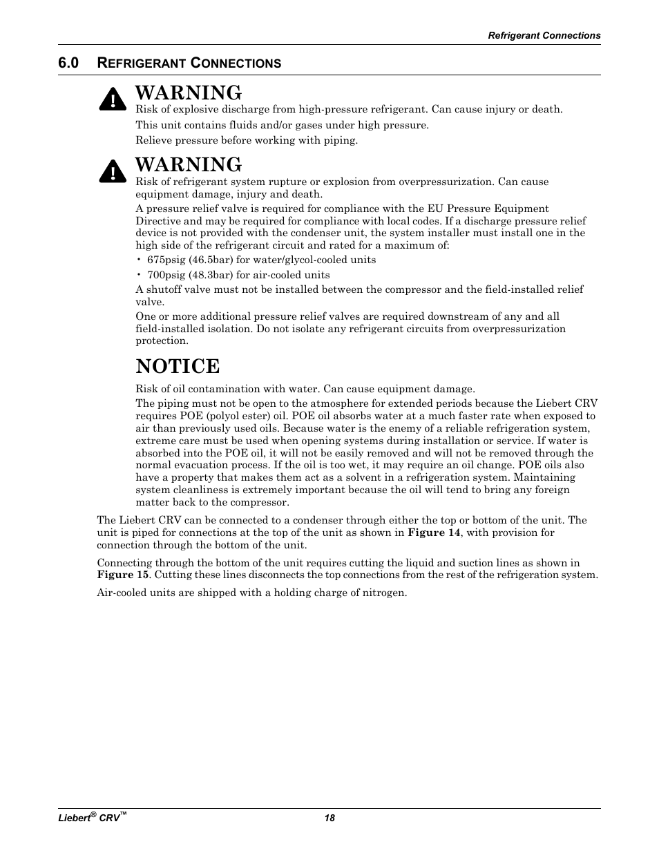0 refrigerant connections, Efrigerant, Onnections | Notice, Warning | Emerson Liebert CRV 1 2 3 4 5 6 7 8 9 10 11 12 13 14 15 16 17 18 19 20 21 22 23 24 25 C R 0 2 0 R A 1 C 7 S D 1 8 1 1 E L 1 0 P A User Manual | Page 26 / 140