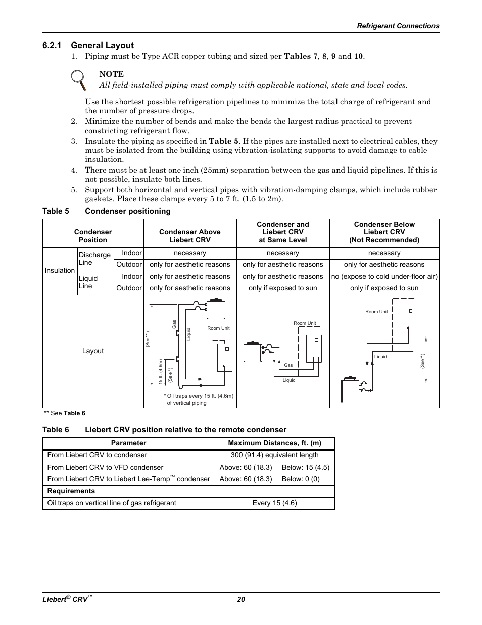 1 general layout, Table 5 condenser positioning, General layout | Table 5, Condenser positioning, Table 6 | Emerson Liebert CRV 1 2 3 4 5 6 7 8 9 10 11 12 13 14 15 16 17 18 19 20 21 22 23 24 25 C R 0 2 0 R A 1 C 7 S D 1 8 1 1 E L 1 0 P A User Manual | Page 28 / 140