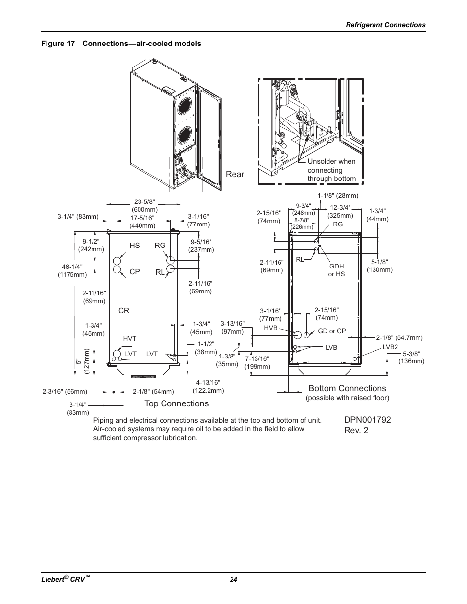 Figure 17 connections—air-cooled models, Top connections, Bottom connections | Emerson Liebert CRV 1 2 3 4 5 6 7 8 9 10 11 12 13 14 15 16 17 18 19 20 21 22 23 24 25 C R 0 2 0 R A 1 C 7 S D 1 8 1 1 E L 1 0 P A User Manual | Page 32 / 140