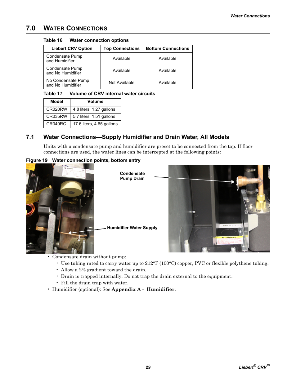 0 water connections, Table 16 water connection options, Table 17 volume of crv internal water circuits | Figure 19 water connection points, bottom entry, Ater, Onnections, Water connection points, bottom entry, Table 16, Water connection options, Table 17 | Emerson Liebert CRV 1 2 3 4 5 6 7 8 9 10 11 12 13 14 15 16 17 18 19 20 21 22 23 24 25 C R 0 2 0 R A 1 C 7 S D 1 8 1 1 E L 1 0 P A User Manual | Page 37 / 140