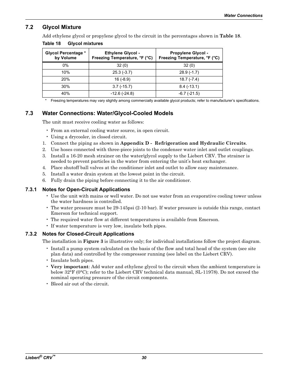 2 glycol mixture, Table 18 glycol mixtures, 3 water connections: water/glycol-cooled models | 1 notes for open-circuit applications, 2 notes for closed-circuit applications, Glycol mixture, Water connections: water/glycol-cooled models, Notes for open-circuit applications, Notes for closed-circuit applications, Table 18 | Emerson Liebert CRV 1 2 3 4 5 6 7 8 9 10 11 12 13 14 15 16 17 18 19 20 21 22 23 24 25 C R 0 2 0 R A 1 C 7 S D 1 8 1 1 E L 1 0 P A User Manual | Page 38 / 140