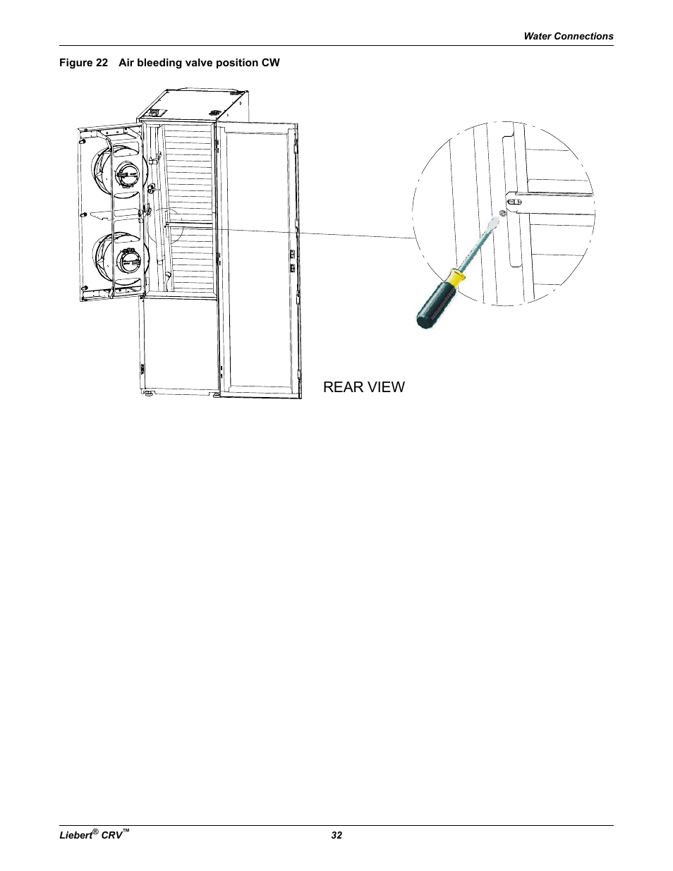 Figure 22 air bleeding valve position cw, Rear view | Emerson Liebert CRV 1 2 3 4 5 6 7 8 9 10 11 12 13 14 15 16 17 18 19 20 21 22 23 24 25 C R 0 2 0 R A 1 C 7 S D 1 8 1 1 E L 1 0 P A User Manual | Page 40 / 140